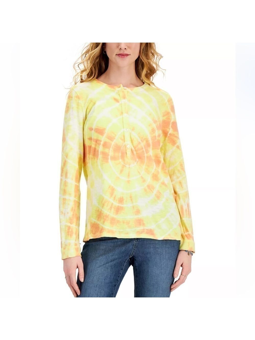 NWT woman’s 5 button up Cotton Tie-Dyed Print crew Long-Sleeve Top size Medium